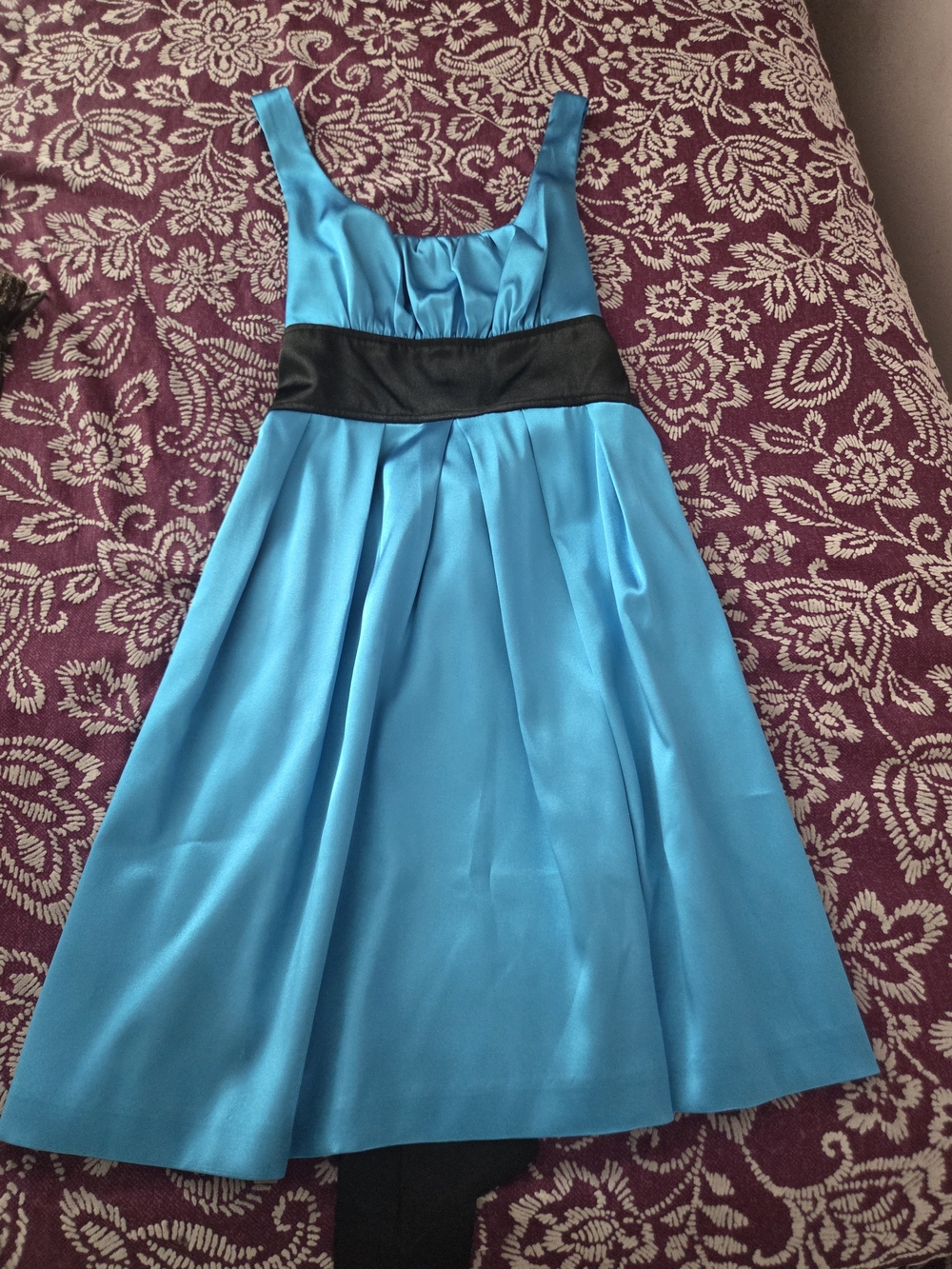 XOXO Bright Turquoise Satin Dress with Black Waistband